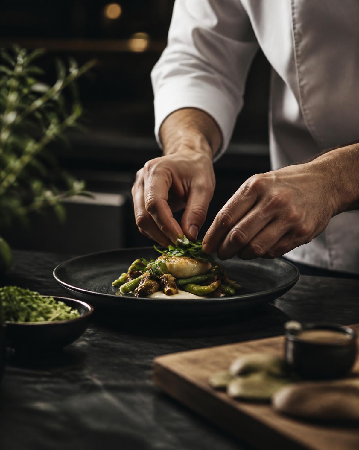 A private chef finishing a refined dish in a private home kitchen