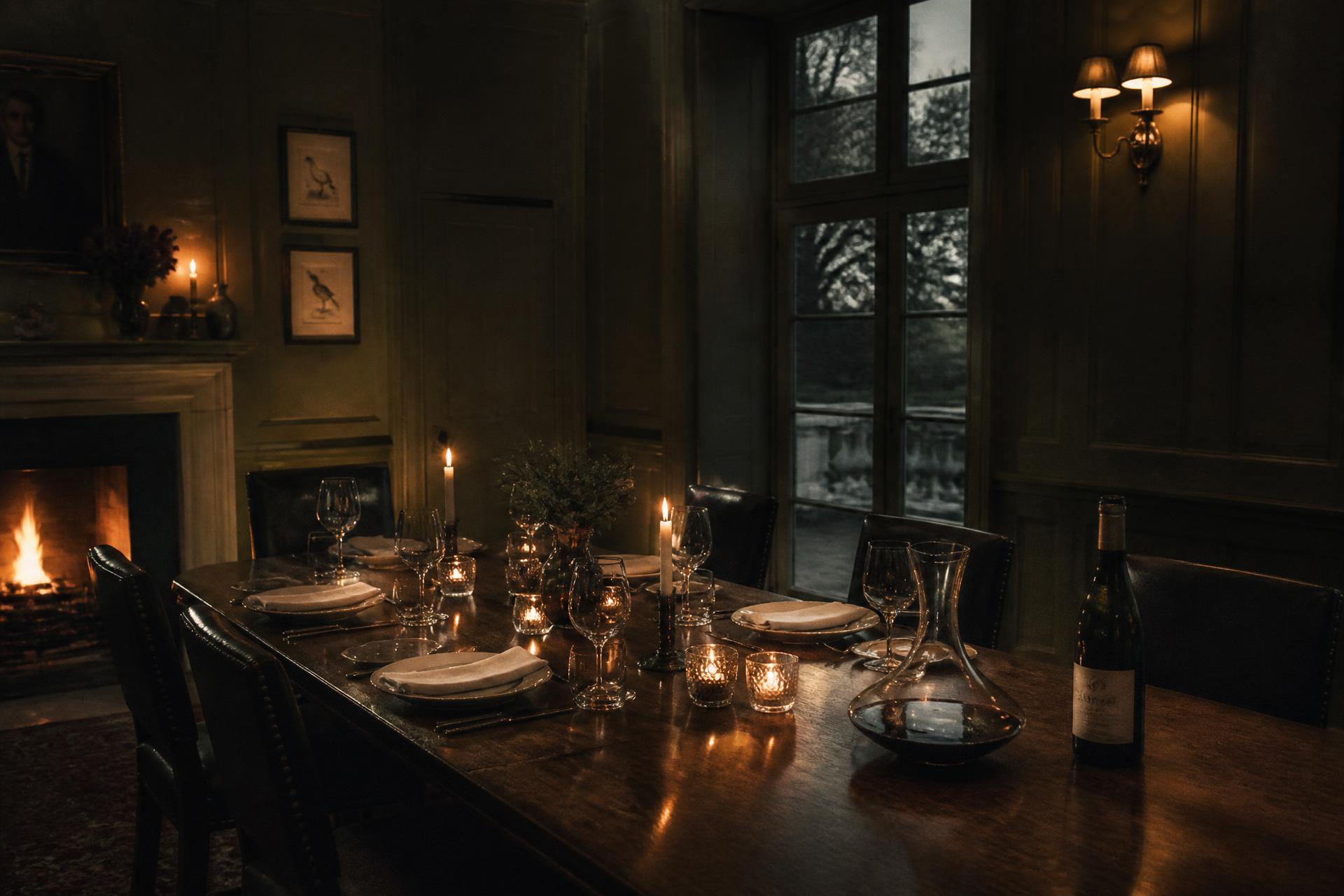 A candlelit private dinner table set for six in an exceptional English country home