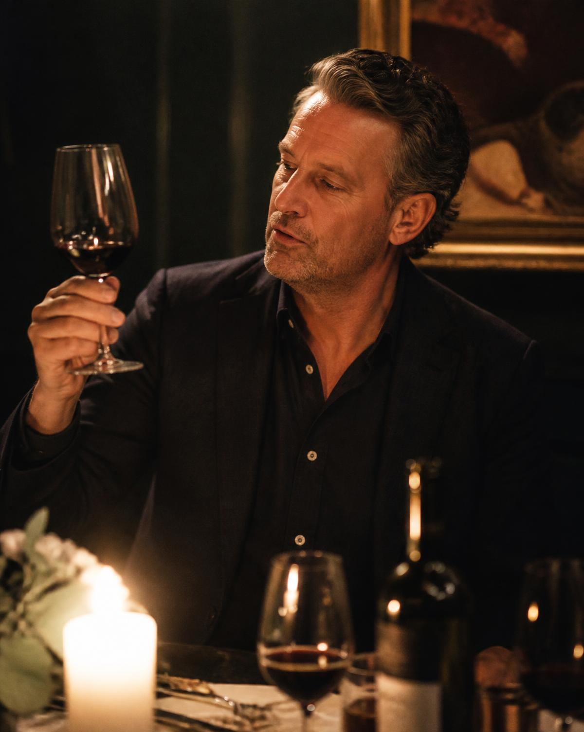 An experienced wine specialist examining a glass of red wine by candlelight at a dinner table