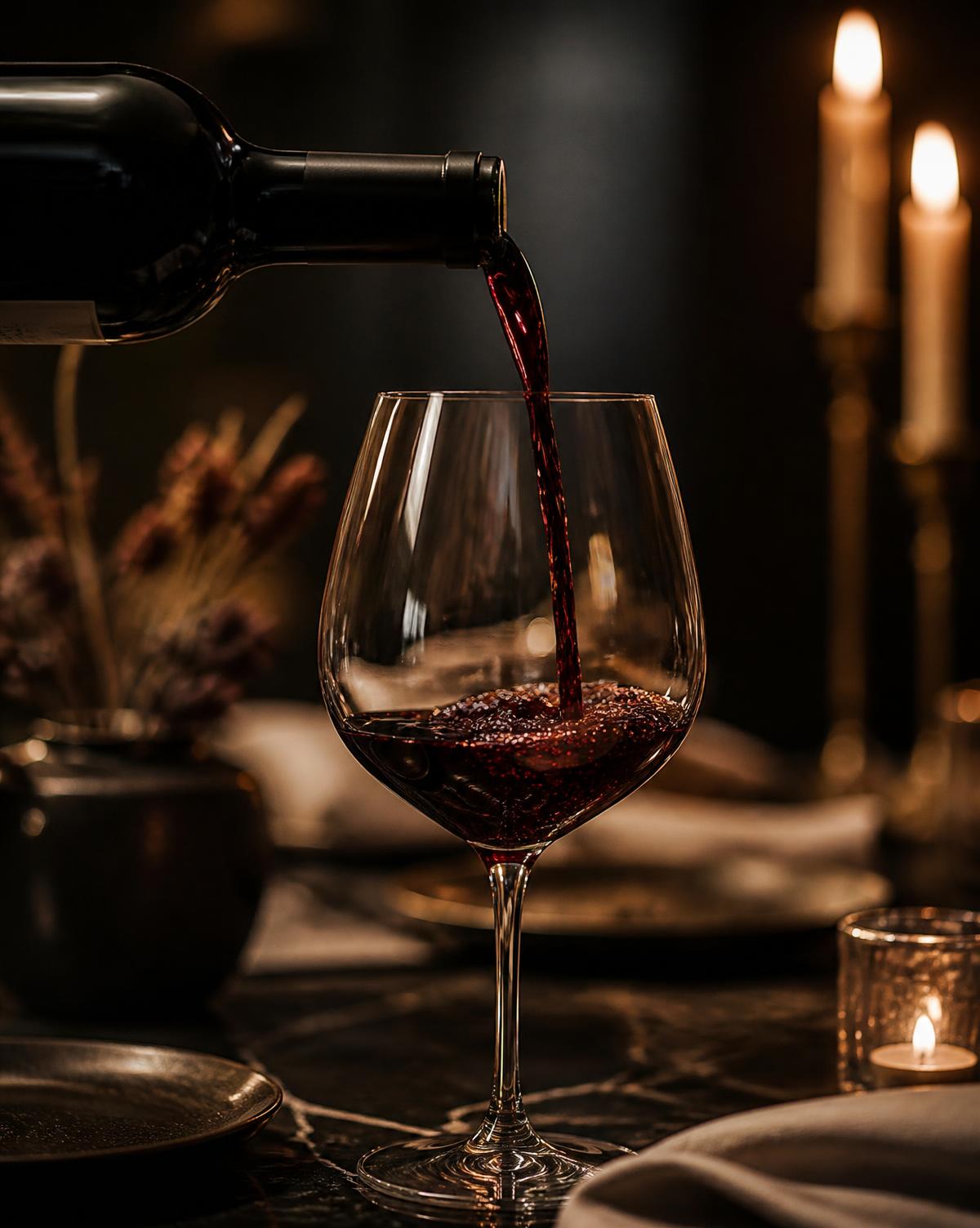Fine red wine being poured into a crystal glass by candlelight