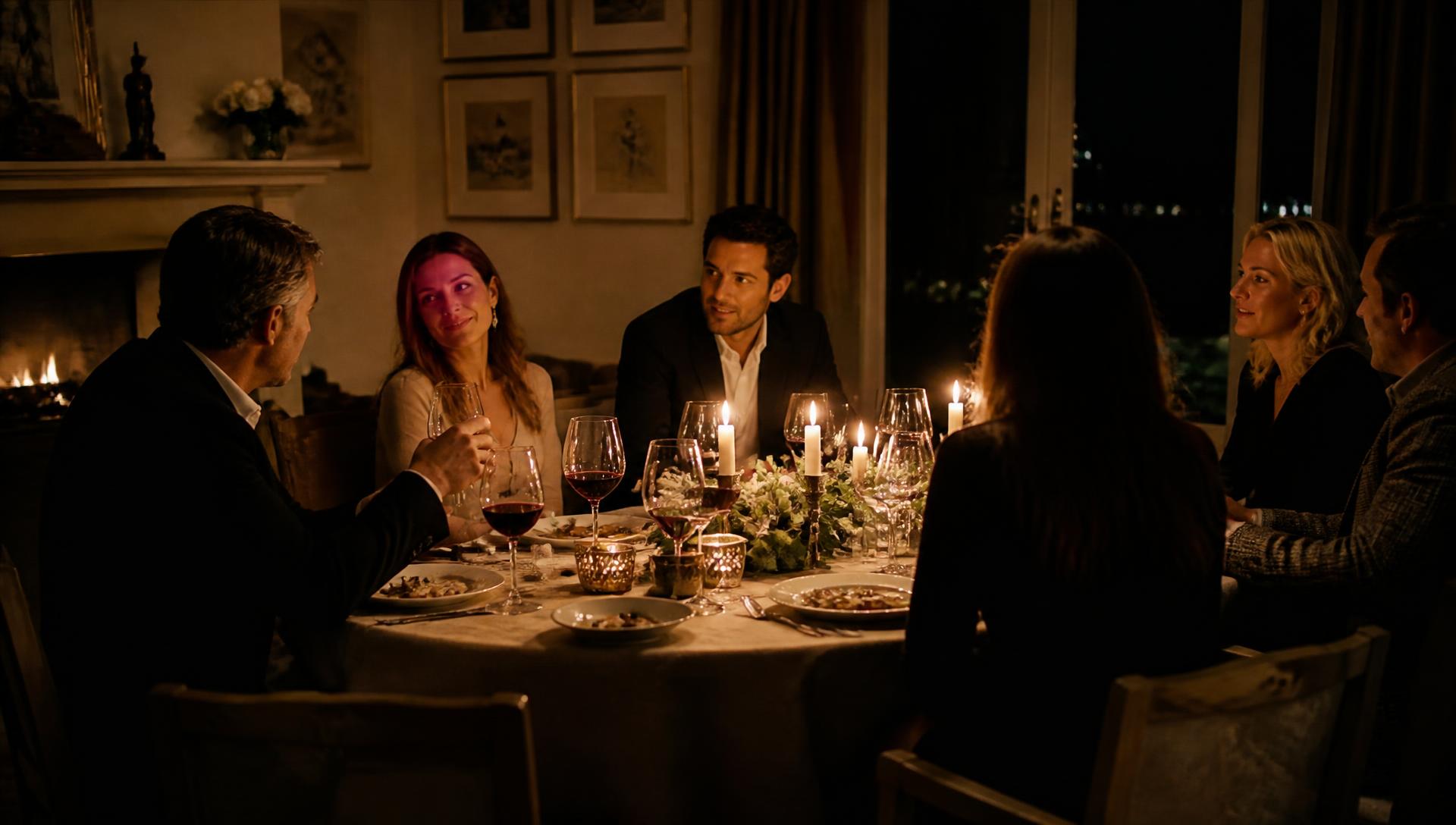 Six guests in conversation around a candlelit dinner table in a private home