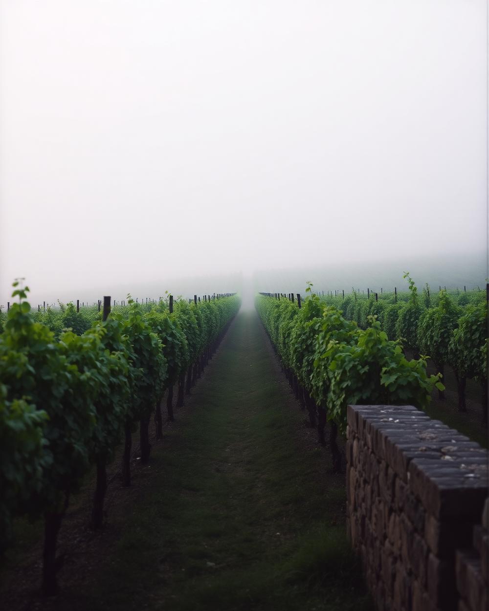 Vineyard rows in early morning mist